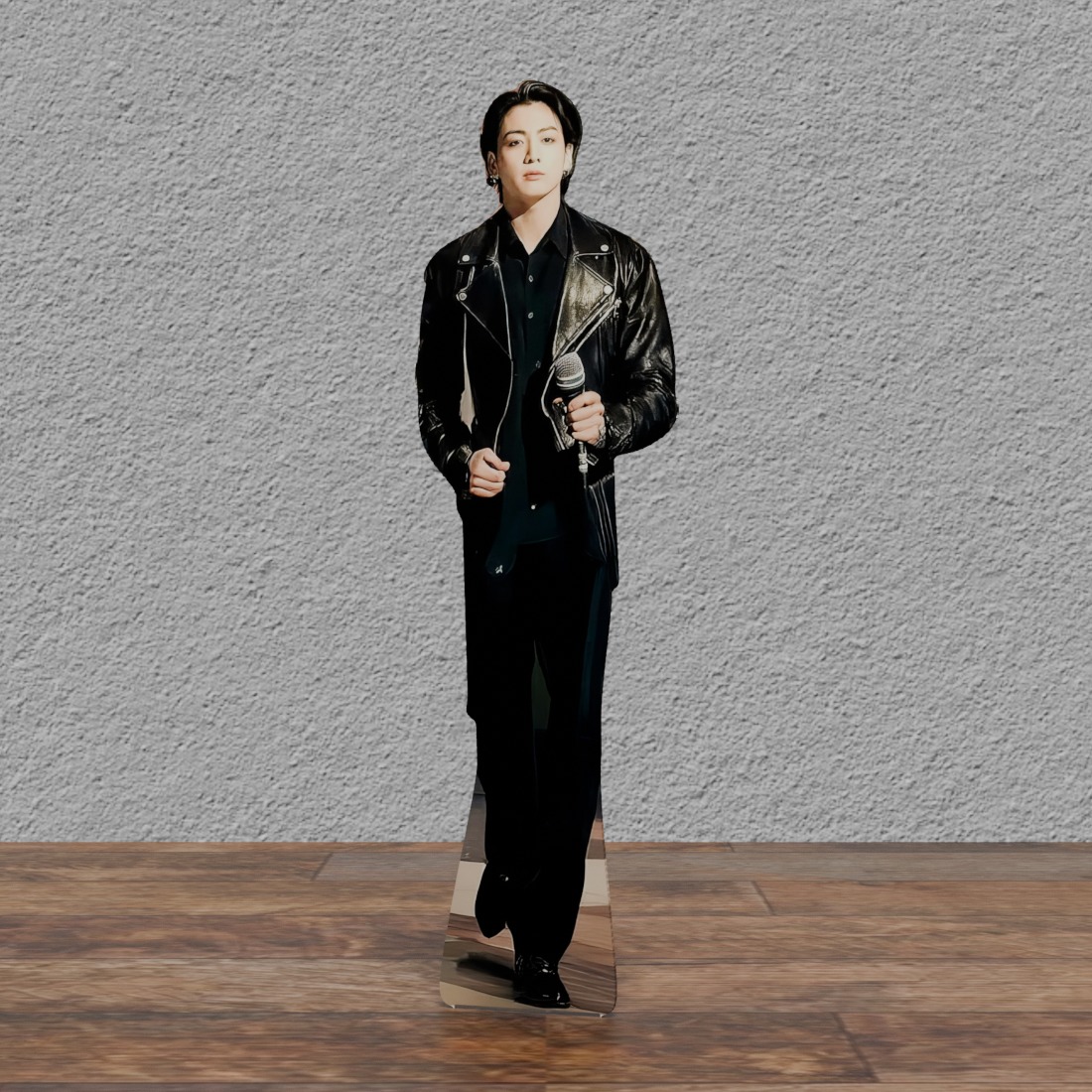 Jungkook Black Leather Jacket Microphone 70" Tall Cardboard Cutout Standee